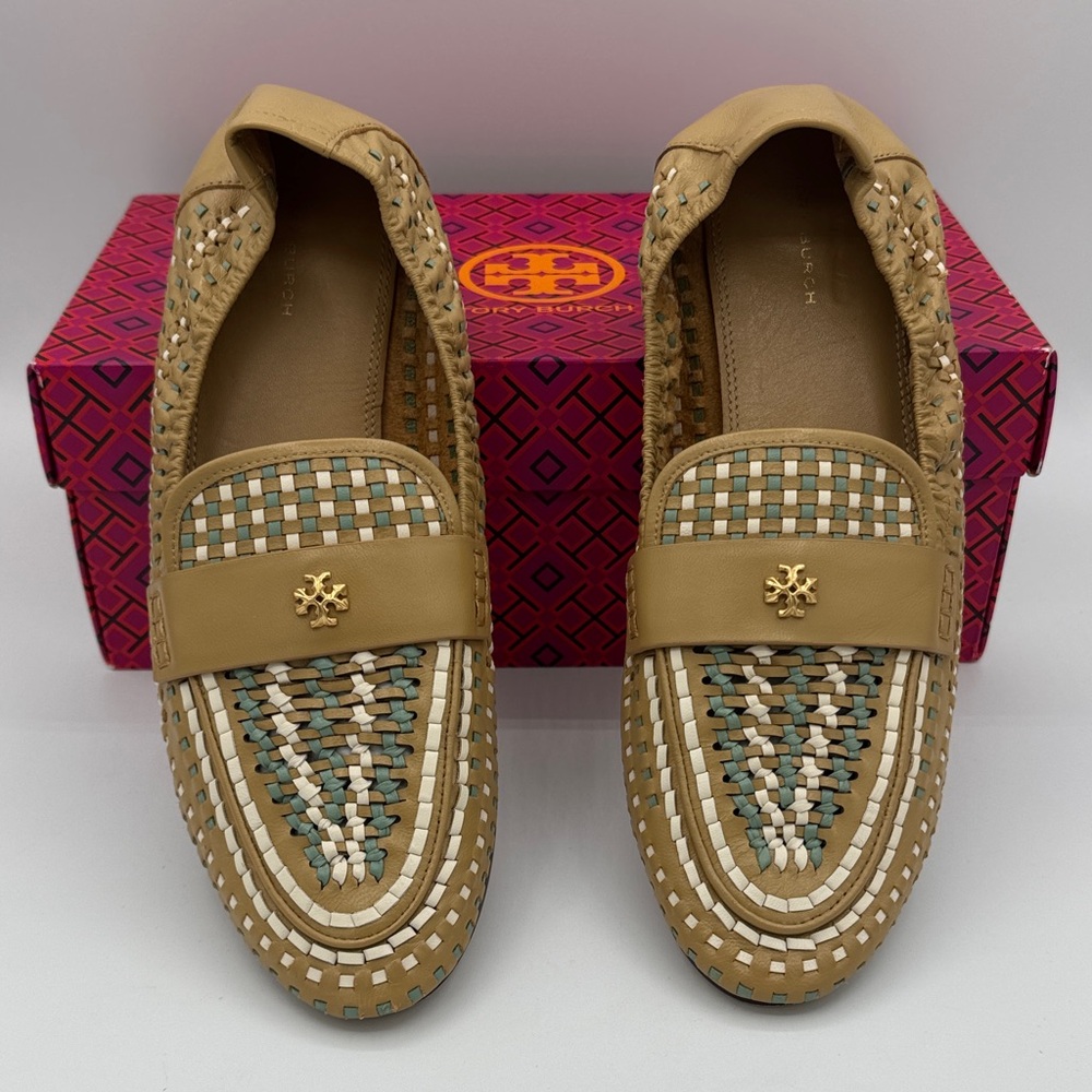 Tory Burch womens leather ginger shortbread woven ballet loafers size 11.